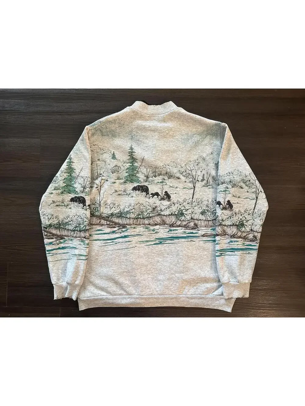 Vintage bear sweater forest river all over print L made in usa - Picture 7 of 7